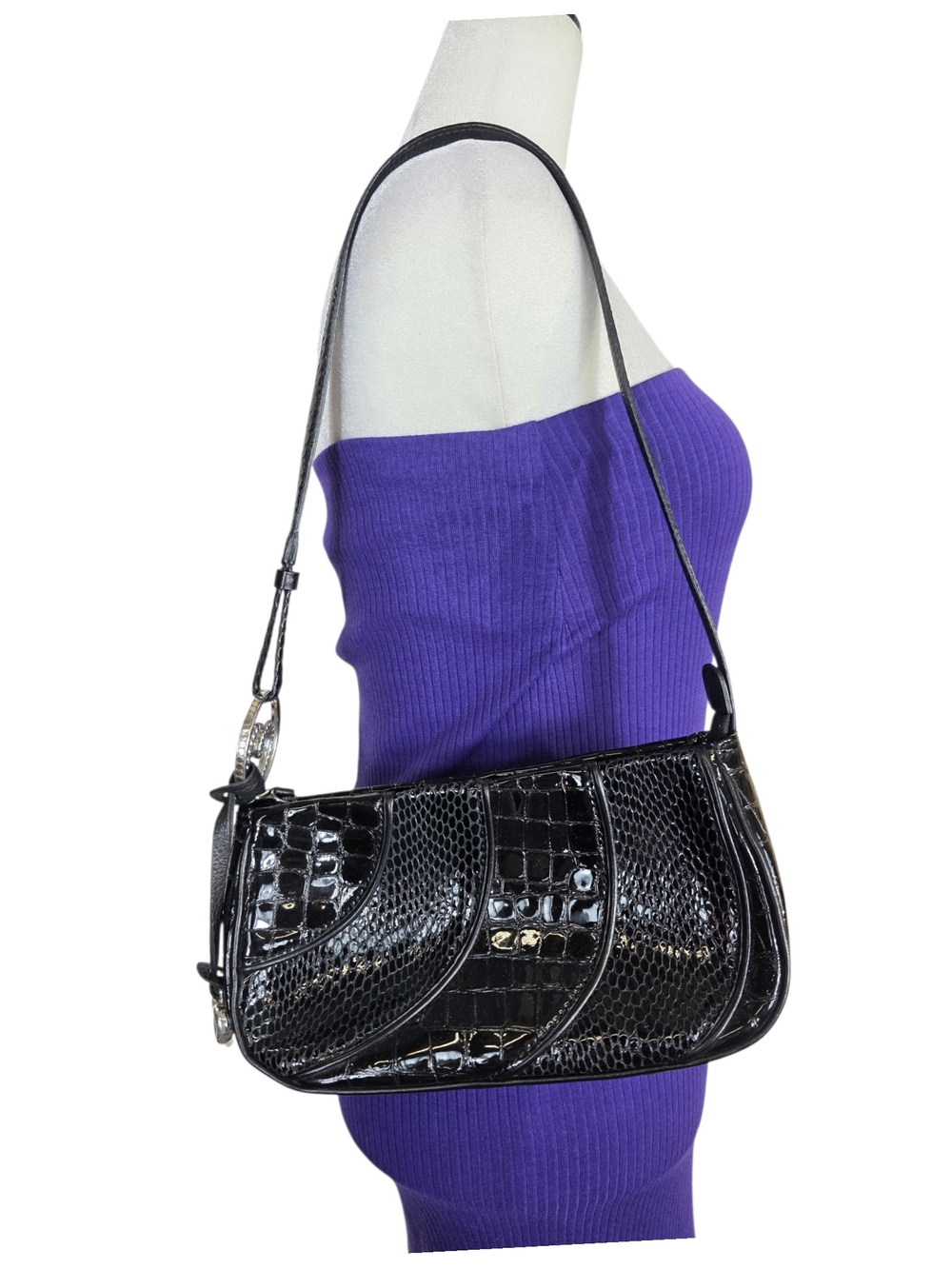Brighton Y2K inspired Black Croc-Embossed leather Shoulder Bag